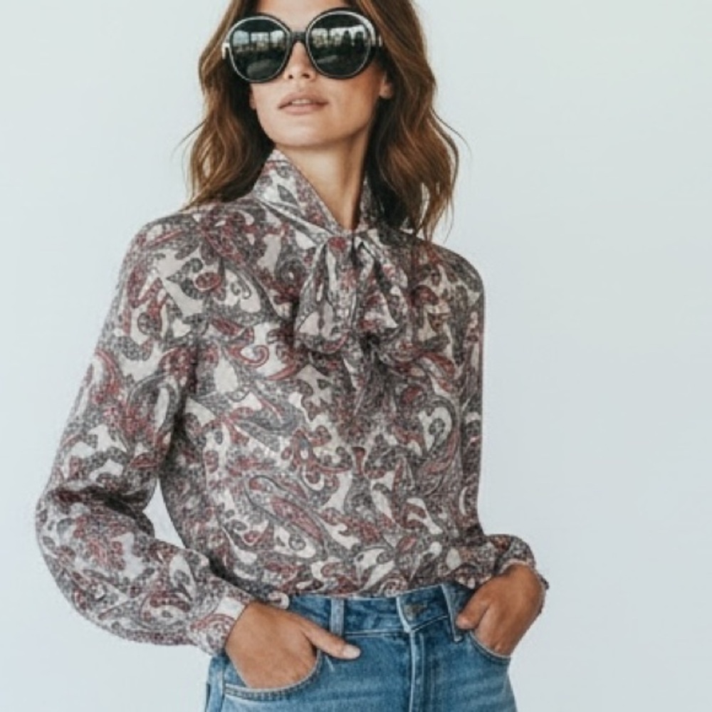 Vintage Secretary Blouse Paisley Pus*y Bow 70s 80s career chic professional